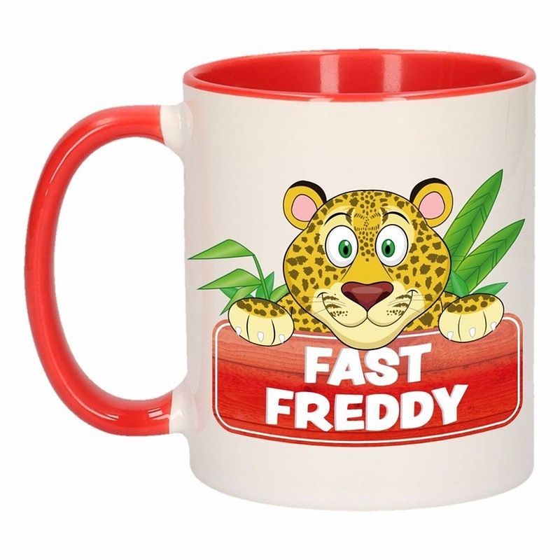 Foto van 1x fast freddy beker / mok - rood met wit - 300 ml keramiek - luipaarden bekers