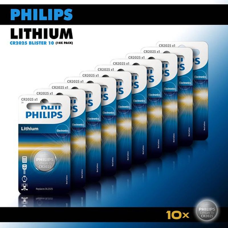 Foto van Philips lithium knoopcel batterijen cr2025 - knoopcellen 150 mah - cr2025 3v - 10 stuks