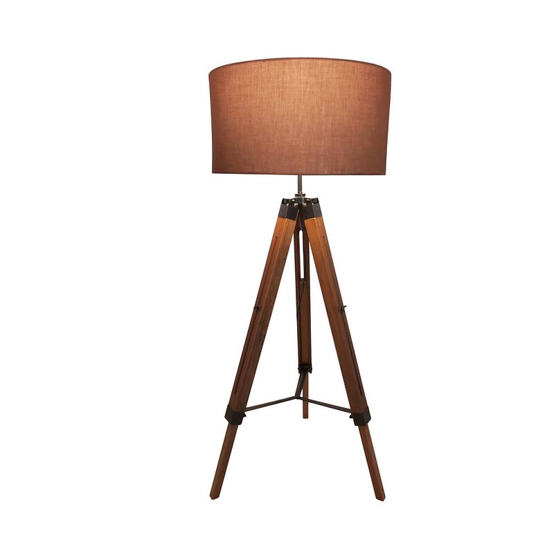 Foto van Maxxhome vloerlamp elly - staande lamp - leeslamp - driepoot - hout -145 cm - e27 - led - 40w - bruin