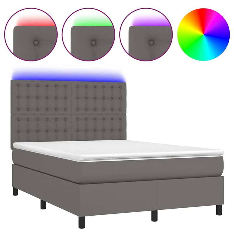 Foto van The living store boxspring luxe kunstleren bed grijs 203x144 cm - met verstelbaar hoofdbord - led verlichting -