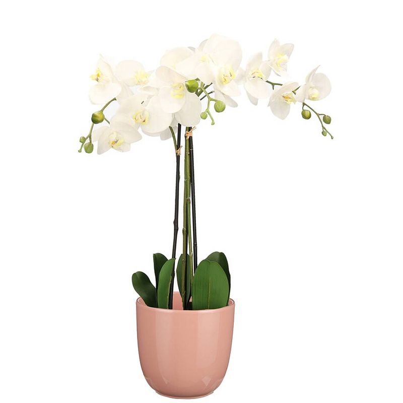 Foto van Orchidee kunstplant wit - 75 cm - inclusief bloempot lichtroze glans - kunstplanten