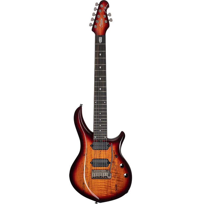 Foto van Sterling by music man maj270xsm john petrucci signature majesty blood orange burst 7-snarige elektrische gitaar met deluxe gigbag