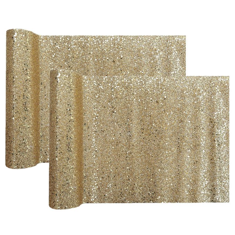 Foto van Kerst thema tafelloper op rol - 2x - goud glitter - 28 x 300 cm - polyester - tafellakens