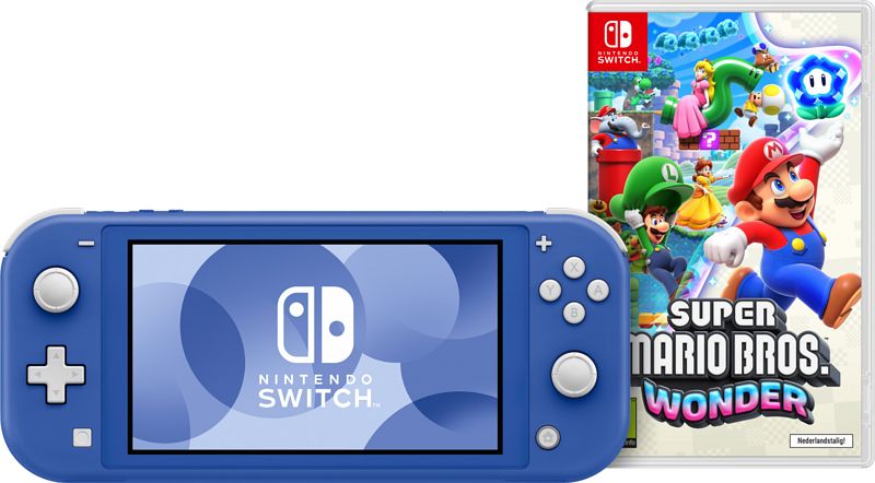 Foto van Nintendo switch lite blauw + super mario bros. wonder