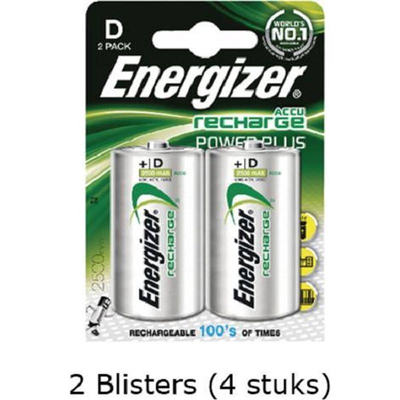 Foto van 4 stuks (2 blisters a 2 stuks) energizer d power plus batterij oplaadbaar 1.2v 2500mah rechargeable