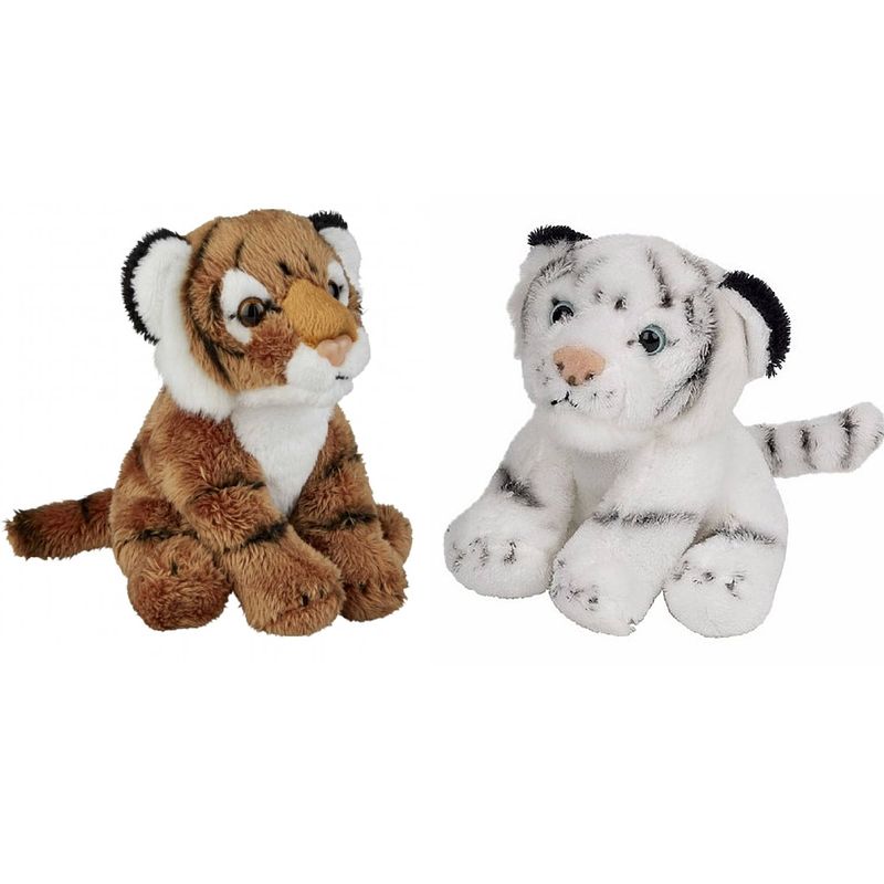 Foto van Safari dieren serie pluche knuffels 2x stuks - witte en bruine tijgers van 15 cm - knuffeldier