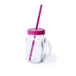 Foto van 1x stuks glazen mason jar drinkbekers roze dop en rietje 500 ml - drinkbekers