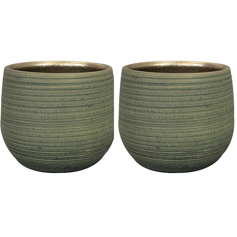 Foto van 2x stuks plantenpot/bloempot keramiek donkergroen stripes relief - d15/h13 cm - plantenpotten