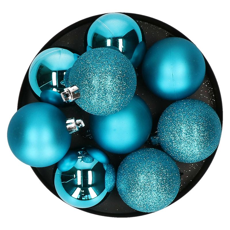 Foto van 9x stuks kerstballen turquoise blauw glans en mat kunststof 6 cm - kerstbal