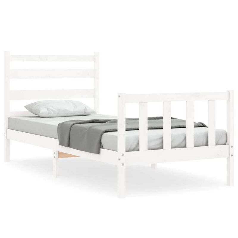 Foto van The living store massief grenenhouten bedframe - wit - 206 x 95.5 x 100 cm - multiplex lattenbodem - functioneel hoofd-