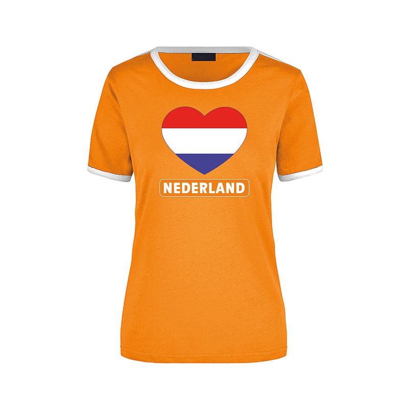 Foto van Holland ringer t-shirt oranje met witte randjes voor dames - nederland supporter kleding s - feestshirts