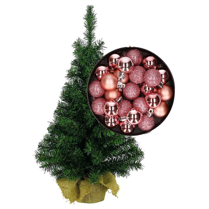 Foto van Mini kerstboom/kunst kerstboom h35 cm inclusief kerstballen roze - kunstkerstboom