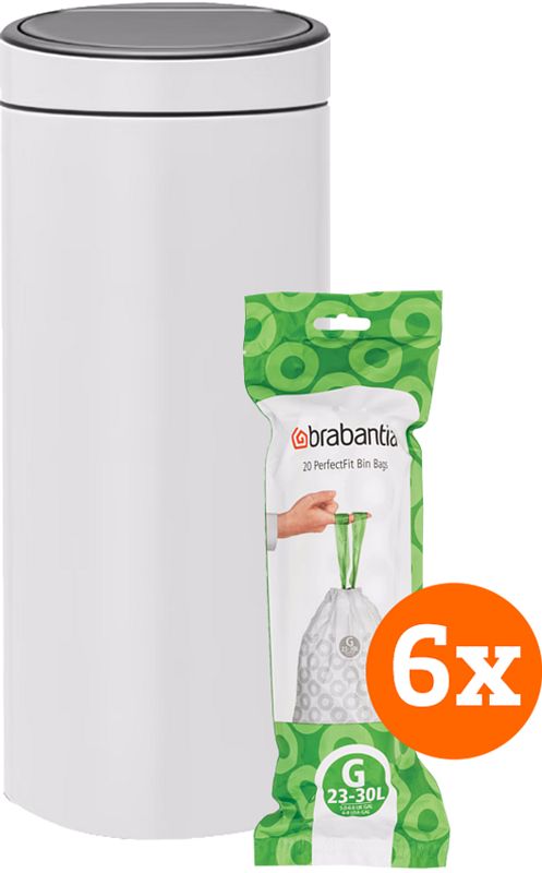 Foto van Brabantia touch bin 30 liter white + vuilniszakken (120 stuks)