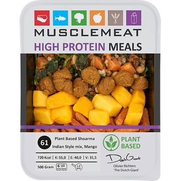 Foto van Muscle meat high protein meals plant based shoarma indian style mix, mango 500g bij jumbo