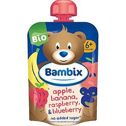 Foto van Bambix knijpzakje appel, banaan, framboos & blauwe bes bio 6m+ 100g bij jumbo