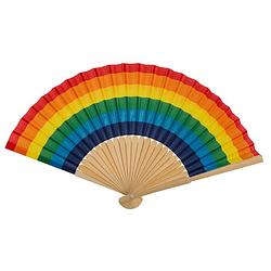 Foto van Spaanse hand waaier - pride/regenboog thema kleuren - bamboe/papier - 21 cm - verkleedattributen