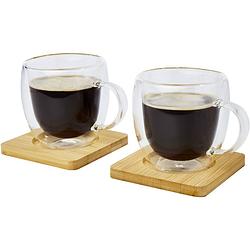 Foto van Dubbelwandige koffieglazen/theeglazen 250 ml - set van 8x stuks - met bamboe onderzetters - koffie- en theeglazen