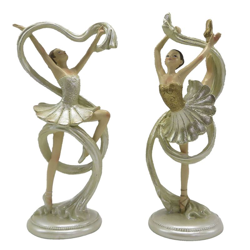 Foto van Clayre & eef beeld set van 2 ballerina 18 cm beige goudkleurig kunststof decoratief figuur decoratieve accessoires