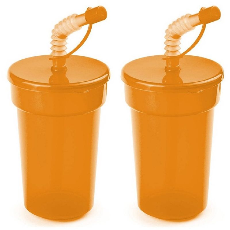 Foto van Set van 4x stuks afsluitbare plastic drinkbeker oranje 400 ml met rietje voor kinderen/peuters - drinkflessen