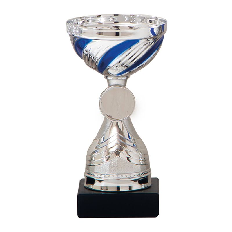 Foto van Luxe trofee/prijs beker - zilver/blauw - lijnen - metaal - 19 x 10 cm - fopartikelen