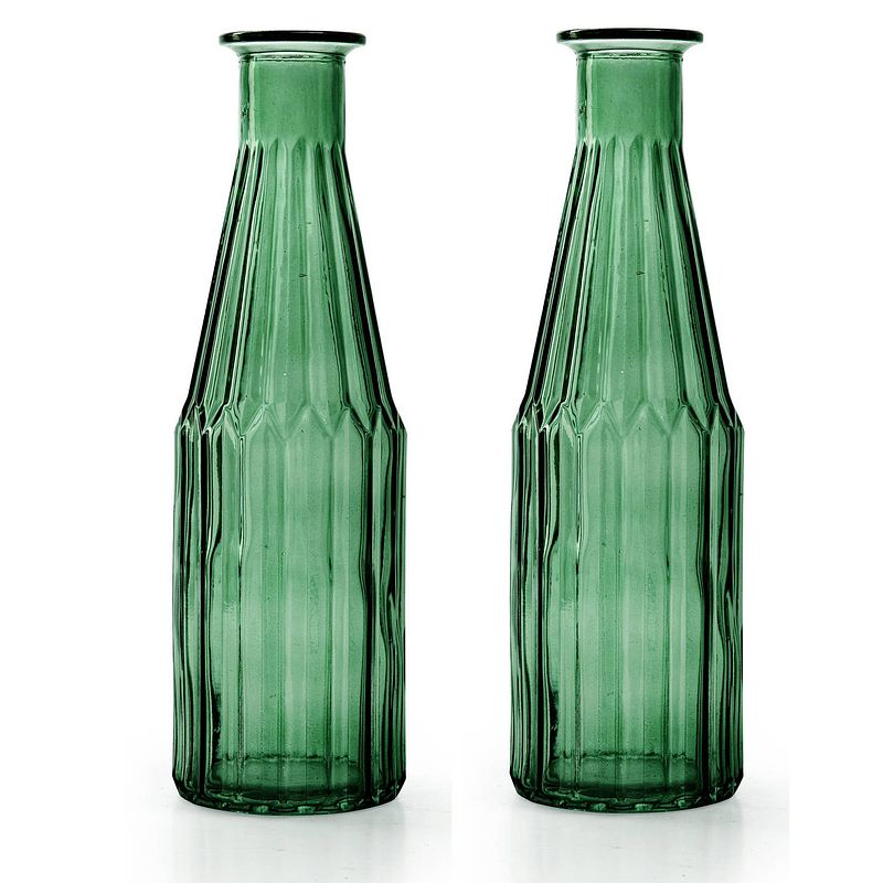 Foto van Jodeco bloemenvaas marseille - 2x - fles model - glas - groen - h25 x d7 cm - vazen