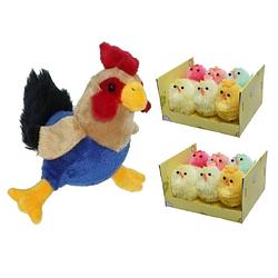Foto van Pluche kippen/hanen knuffel van 20 cm met 12x stuks mini gekleurde kuikentjes 4 cm - feestdecoratievoorwerp