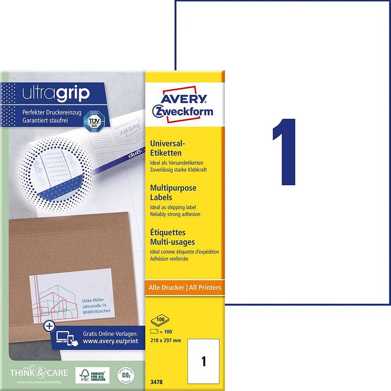 Foto van Avery witte etiketten quickpeel ft 210 x 297 mm (b x h), 100 stuks, 1 per blad, doos van 100 blad