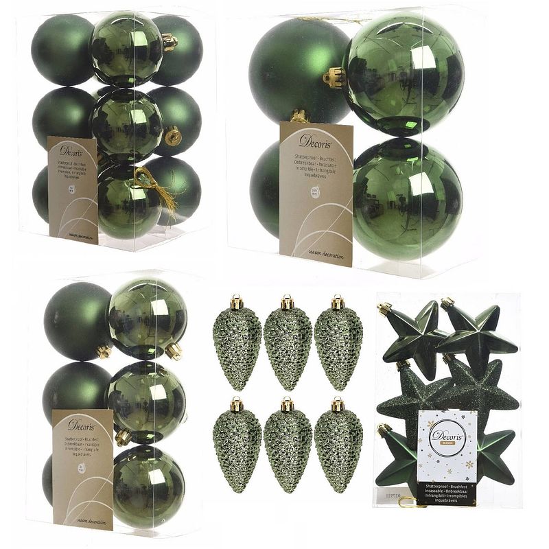 Foto van Kerstversiering kunststof kerstballen donkergroen 6-8-10 cm pakket van 68x stuks - kerstbal