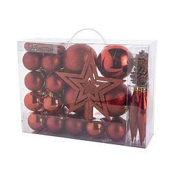 Foto van Pakket met 53x stuks kunststof kerstballen en kerstornamenten met ster piek rood - kerstbal