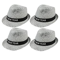 Foto van 4x stuks happy new year thema glitters verkleed hoedje zilver - verkleedhoofddeksels