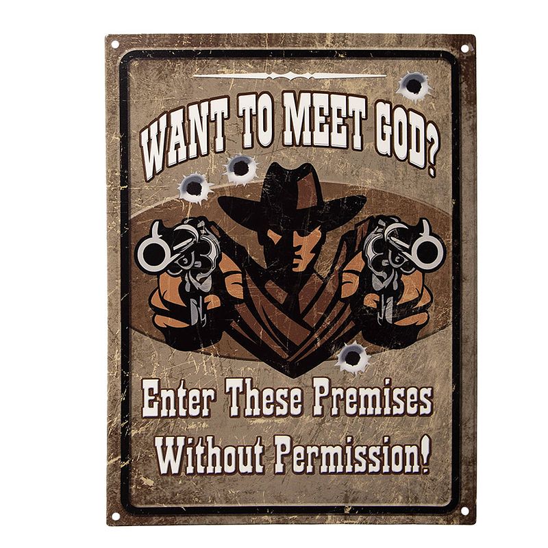 Foto van Clayre & eef tekstbord 25x33 cm bruin ijzer cowboy want to meet god? wandbord spreuk wandplaat bruin wandbord spreuk