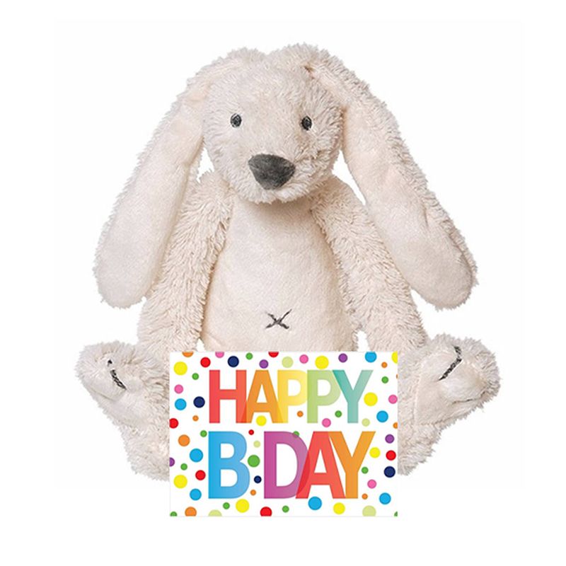 Foto van Kinder cadeau knuffel konijn met happy birthday wenskaart - knuffel huisdieren