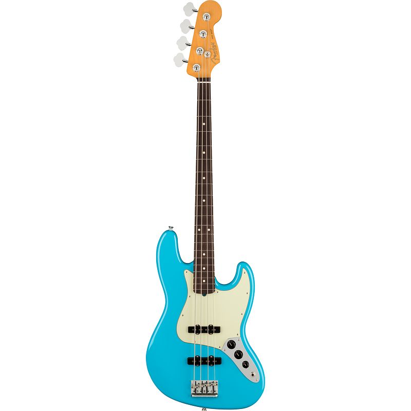 Foto van Fender american professional ii jazz bass miami blue rw elektrische basgitaar met koffer