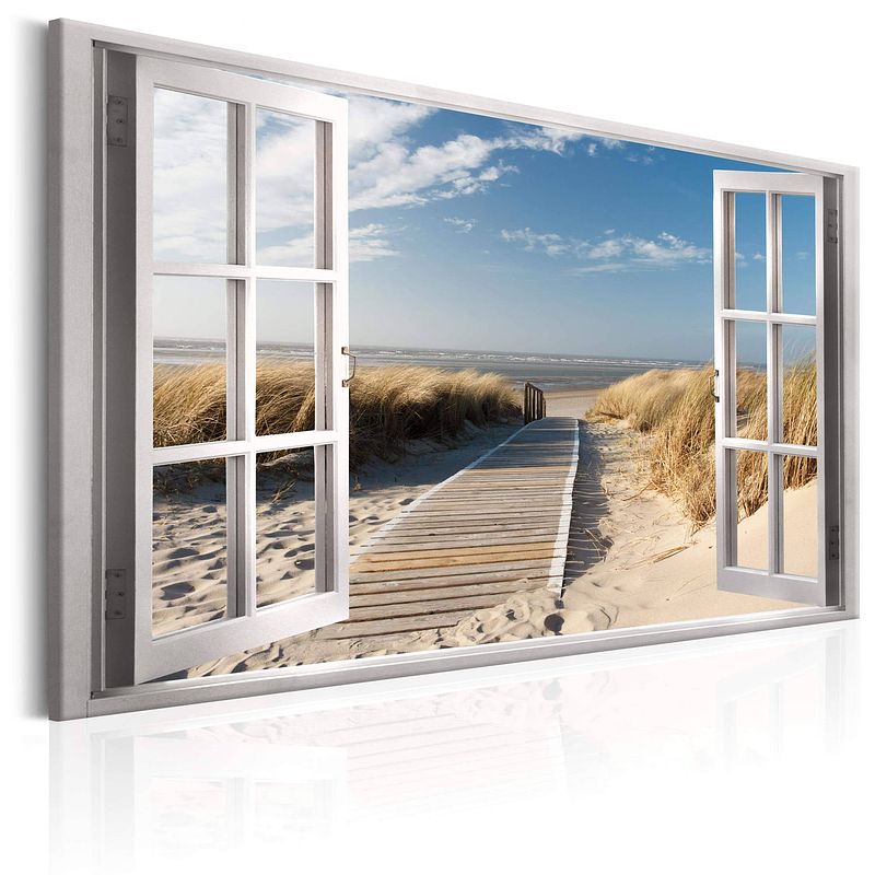 Foto van Artgeist window view of the beach canvas schilderij 90x60cm