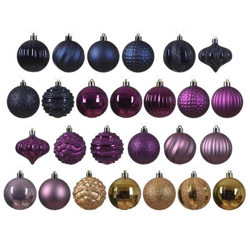 Foto van Decoris gedecoreerde kerstballen - 30x -plastic -blauw/goud/paars- 7cm - kerstbal