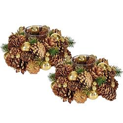 Foto van Set van 2x stuks kerst thema kaarsenhouders ornament bruin met goud nature 18 cm - waxinelichtjeshouders