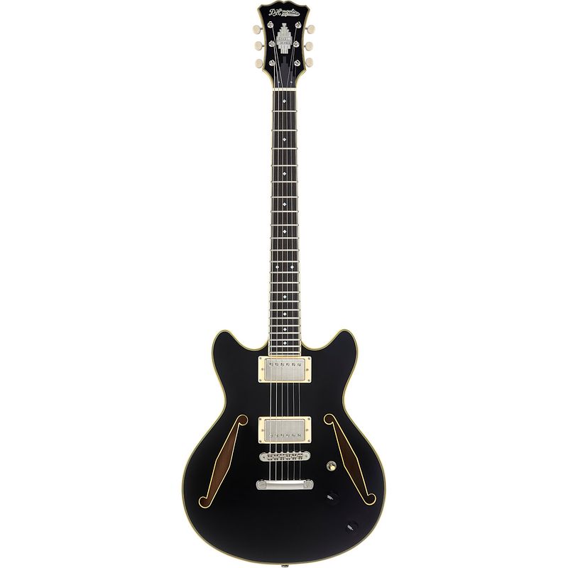 Foto van D'sangelico excel mini dc tour solid black semi-akoestische gitaar met gigbag