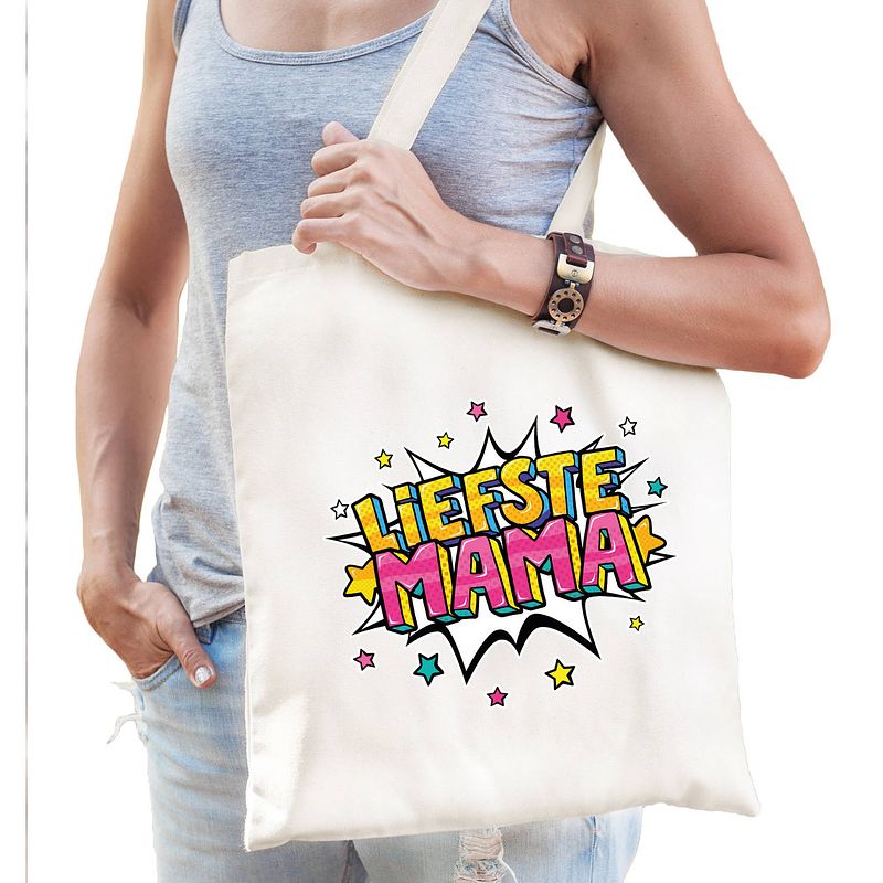 Foto van Liefste mama popart katoenen tas wit voor dames - feest boodschappentassen