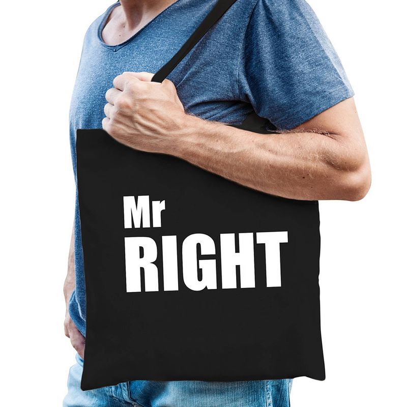 Foto van Mr right tas / shopper zwart katoen met witte tekst voor heren - feest boodschappentassen