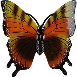 Foto van Tuin/schutting decoratie vlinder - kunststof - geeloranje - 24 x 24 cm - tuinbeelden