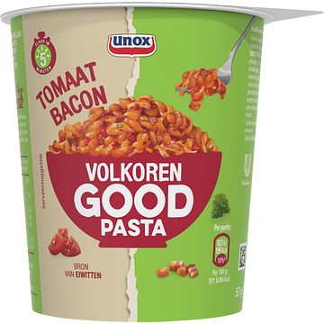 Foto van 2 zakken soep a 570 ml, pakken cupasoup a 3 stuks of single verpakkingen noodles of pasta | unox tomaat bacon volkoren good pasta 57g aanbieding bij jumbo