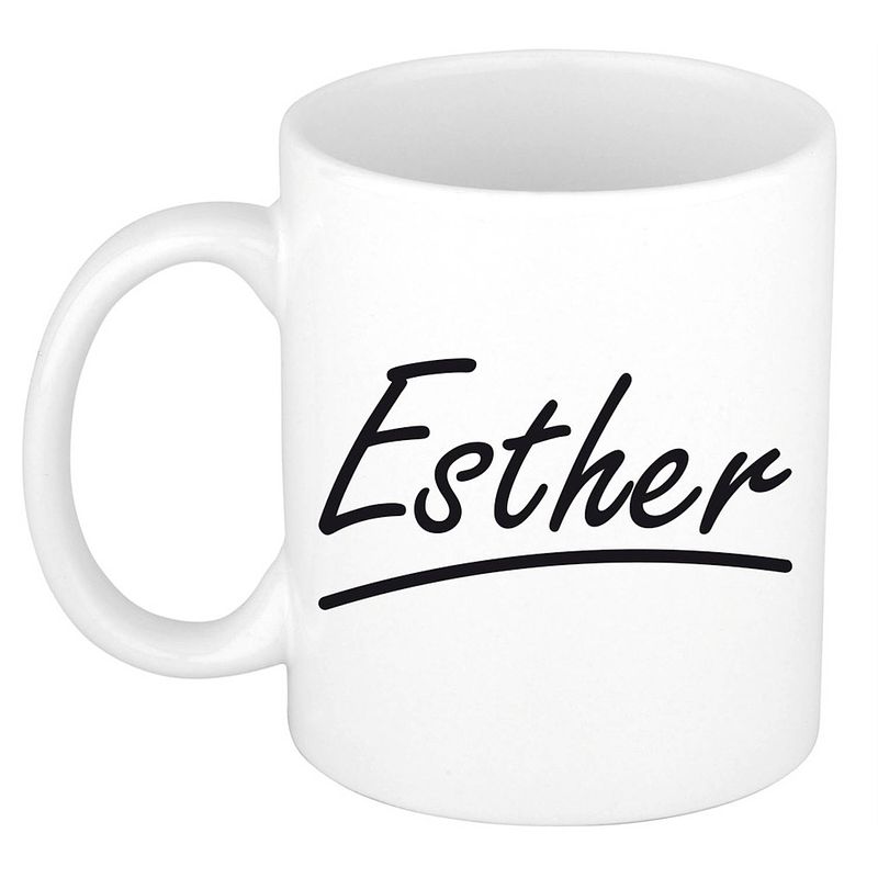 Foto van Naam cadeau mok / beker esther met sierlijke letters 300 ml - naam mokken