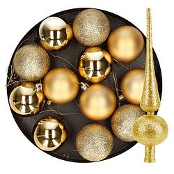 Foto van 12x stuks kunststof kerstballen 6 cm inclusief glitter piek goud - kerstbal