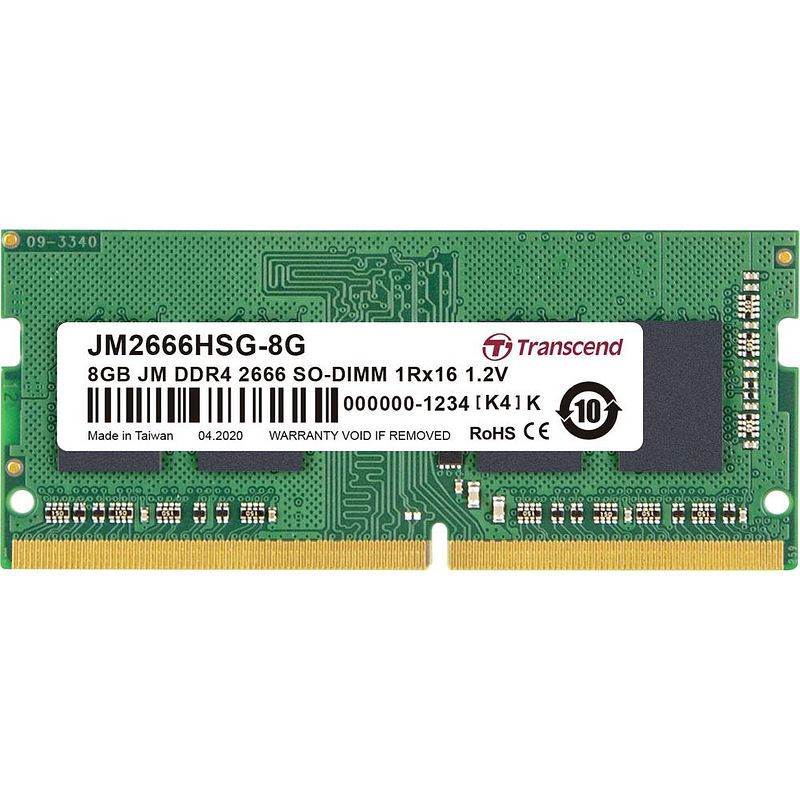 Foto van Transcend jetram werkgeheugenmodule voor laptop ddr4 8 gb 1 x 8 gb non-ecc 2666 mhz 260-pins so-dimm cl19 jm2666hsg-8g