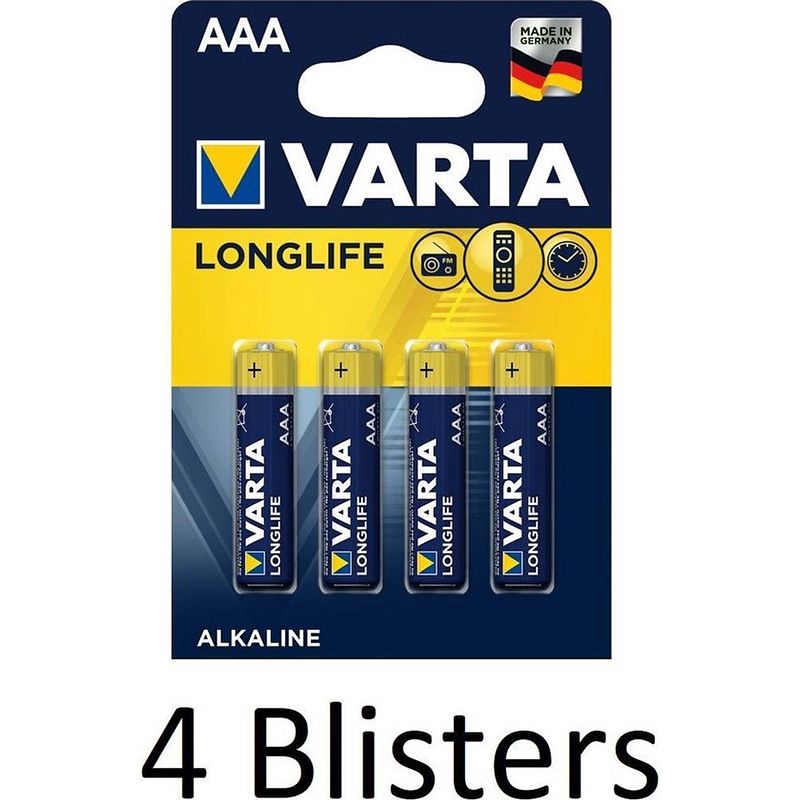Foto van 16 stuks (4 blisters a 4 st) varta longlife aaa alkaline batterij