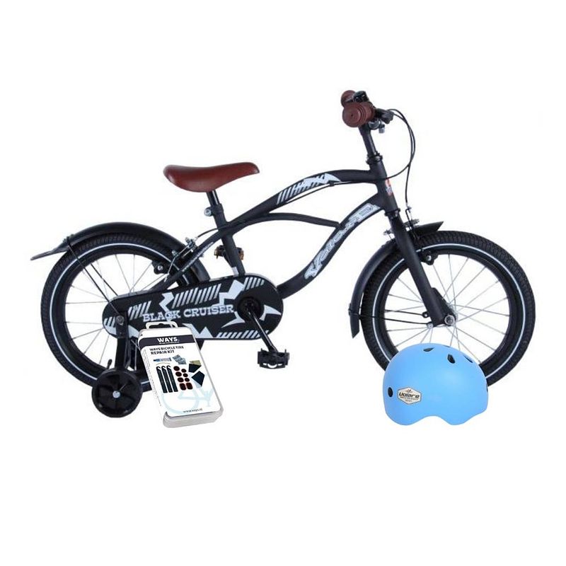 Foto van Volare kinderfiets black cruiser - 16 inch - zwart - twee handremmen - inclusief fietshelm & accessoires