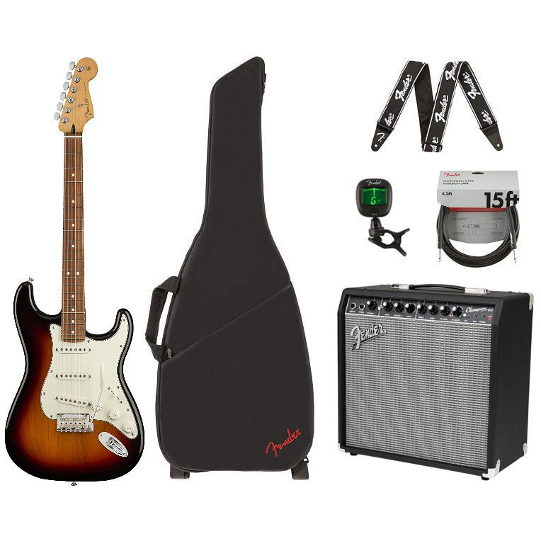 Foto van Fender player stratocaster sunburst pf + versterker + accessoires