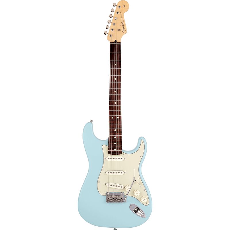 Foto van Fender made in japan junior collection stratocaster rw satin daphne blue elektrische gitaar met gigbag