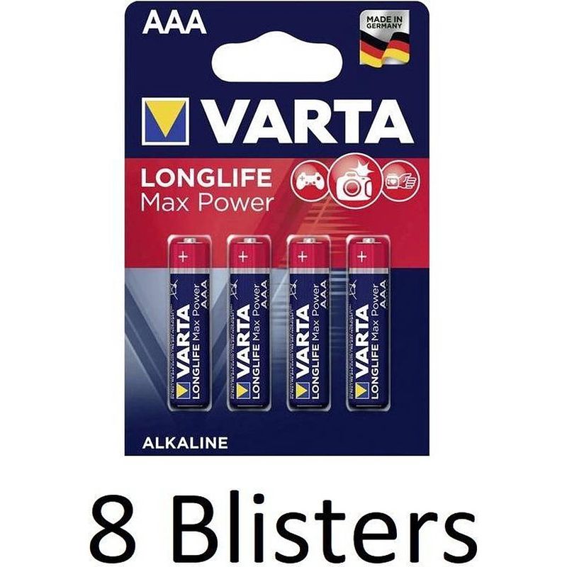 Foto van 32 stuks (8 blisters a 4 st) varta longlife max power aaa batterijen