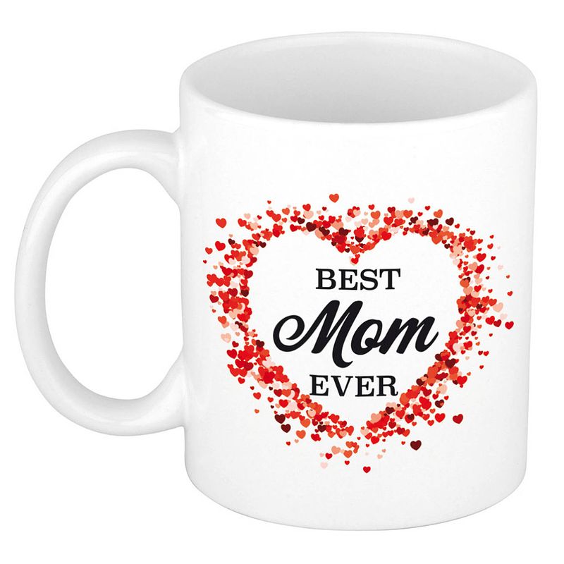 Foto van Best mom ever kado mok / beker met hartjes voor moederdag / verjaardag - feest mokken